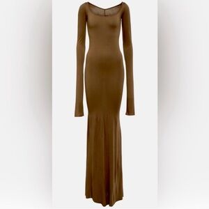 Rick Owen’s Lilies collection Jersey Long Sleeve Scoop Neck Maxi Dress in Taupe